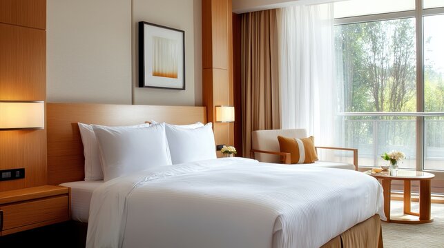 A modern, well-lit hotel bedroom featuring a large bed, tasteful decor, and a view of nature through floor-to-ceiling windows.