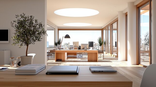 A modern, bright office space with large windows, wooden furniture, and indoor plants, promoting a productive and serene working environment.