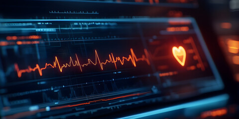 Heartbeat of Technology: A close-up of a digital monitor displays a vibrant red heart pulsing with a steady heartbeat.
