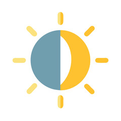 Day and night sun icon with rays, Vector illustration of a sun icon split into day and night halves, featuring sun rays, symbolizing brightness and contrast.
