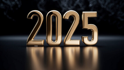 Golden 3D metallic year 2025 isolated on a dark abstract background, 3D rendering of year 2025,...