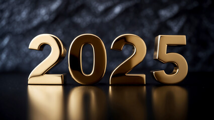 Golden 3D metallic year 2025 isolated on a dark abstract background, 3D rendering of year 2025, Happy New Year 2025 on black background, New Year wallpaper