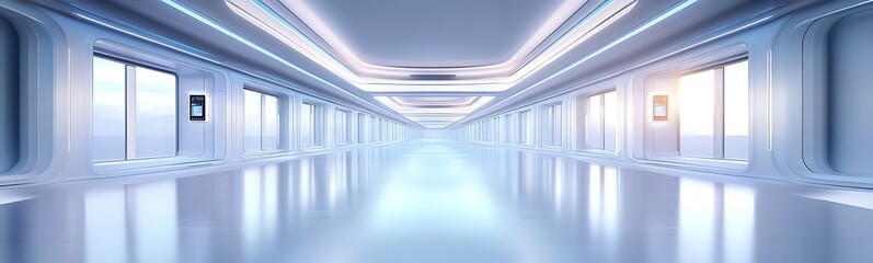 Obraz premium A sleek, futuristic corridor with glowing lights and large windows, creating a modern and spacious ambiance.
