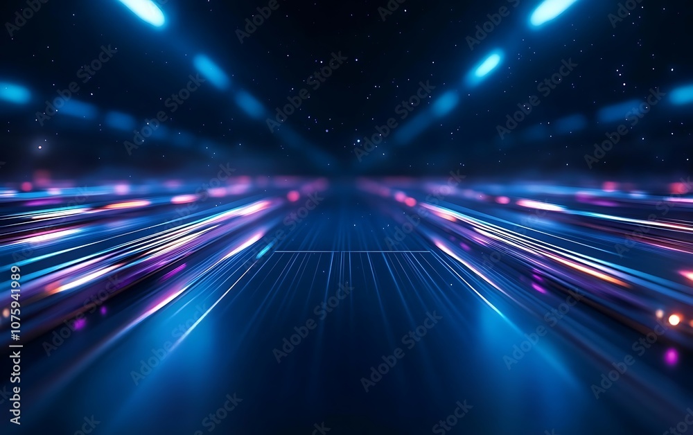 Fototapete A vibrant abstraction of dynamic light trails in blue and purple, creating a sense of speed and motion through a digital landscape.