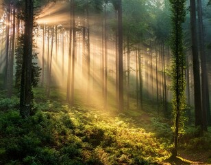 Fototapeta premium Misty Forest with Sun Rays
