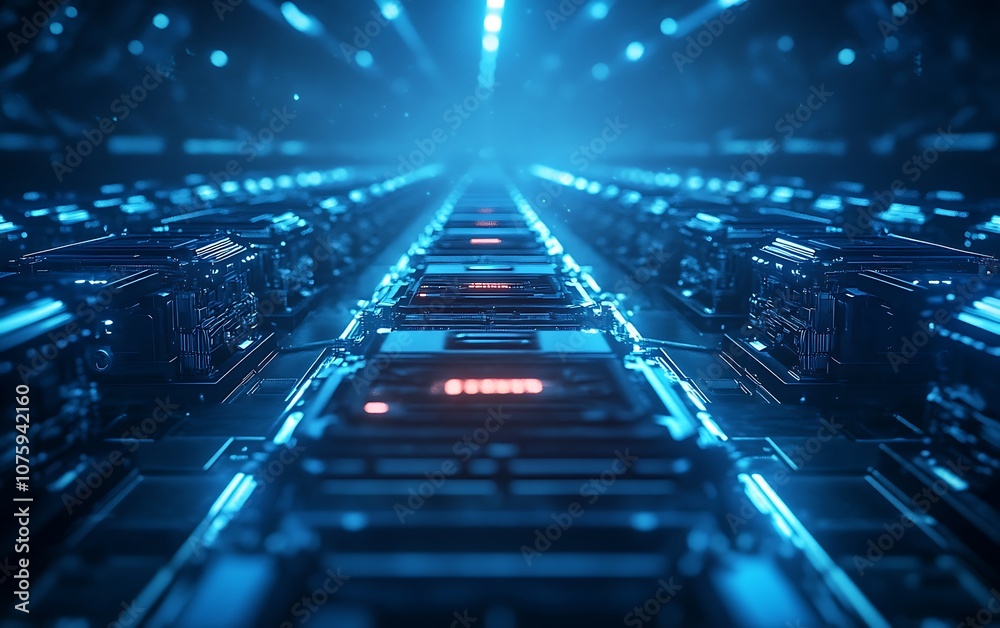 Poster a futuristic, blue-lit pathway through a series of intricate circuit boards and technology, evoking 