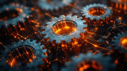 Close-up of interlocking gears with glowing elements.