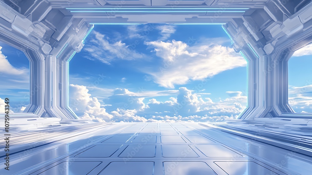 Poster a sleek, futuristic room opens to a bright sky filled with fluffy clouds, merging technology and nat