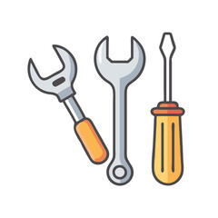 Toolkit icon with wrench and screwdriver, Vector illustration of a toolkit featuring an adjustable wrench, spanner, and flathead screwdriver, symbolizing repair and maintenance tools.
