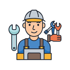 Mechanic icon with tools and safety helmet, Vector illustration of a mechanic holding tools, wearing a safety helmet and overalls, representing repair, maintenance, and service work.
