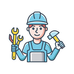 Construction worker icon with tools and hard hat, Vector illustration of a construction worker holding a hammer and wrench, wearing a hard hat and safety gear, symbolizing building and repair services
