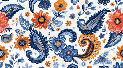 Seamless pattern with blue and orange paisley, floral, and leaves on a white background.