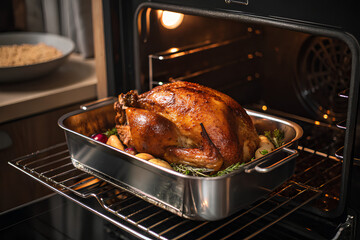 Fototapeta premium Golden-brown roasted turkey resting in a gleaming stainless-steel roasting pan, placed inside a modern oven
