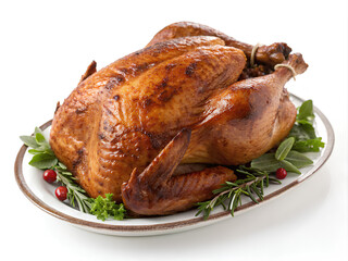 Roasted turkey chicken, with perfectly browned skin, on isolated white background