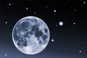 Starry night sky background with full moon and bright stars