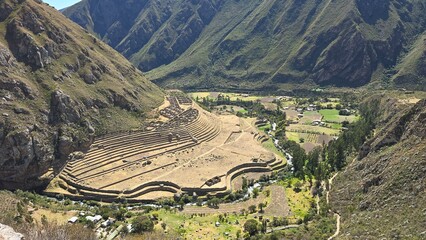 Buildings at Llactapata Inca Trail ruins. Famous for its incredible terraced agriculture in the...