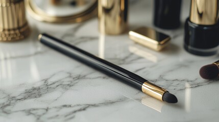 Naklejka premium Close-Up of a High-Quality Angled Eyeliner Brush Resting on a Marble Surface Surrounded by Various Makeup Products with Reflections and Textures