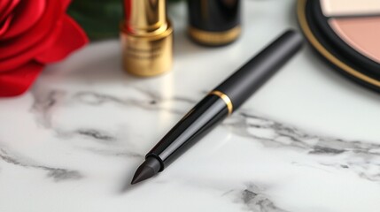 Close-Up Image of a High-Quality Angled Eyeliner Brush Resting on a Marble Surface with Lipstick and Cosmetic Palette in the Background