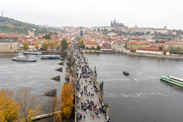 Charles Bridge, a medieval stone arch bridge that crosses the Vltava river in Prague, Czech Republic
