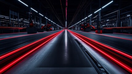 Fototapeta premium A futuristic industrial setting featuring illuminated pathways and a dark environment, highlighting advanced technology and automation.