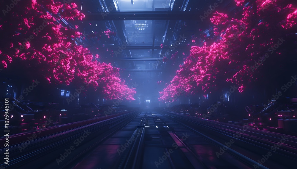 Poster A futuristic corridor illuminated by vibrant pink lights, surrounded by a high-tech environment, conveying a sense of depth and advanced technology.