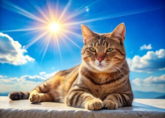 Obraz premium Relaxed Cat Against a Bright Blue Sky with Sunlight Creating a Warm Atmosphere for Social Media Engagement and Eye-Catching Visual Appeal in Product Photography