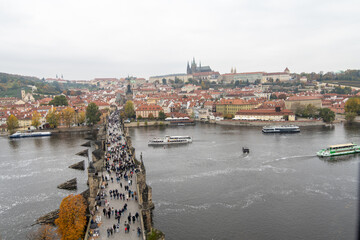 Charles Bridge, a medieval stone arch bridge that crosses the Vltava river in Prague, Czech Republic