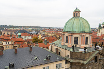 Aerial view of the dome of the St. Francis of Assisi Cathedral in Prague, Czech Republic 