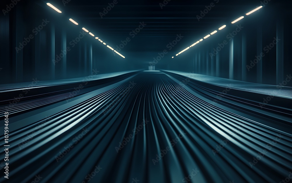 Fototapete a dark, futuristic tunnel scene with illuminated lines creating a sense of depth and movement, evoki