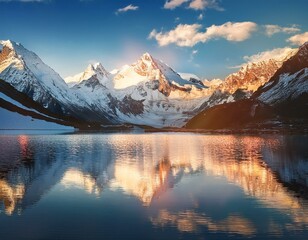 Snowy Peaks Reflecting on Lake