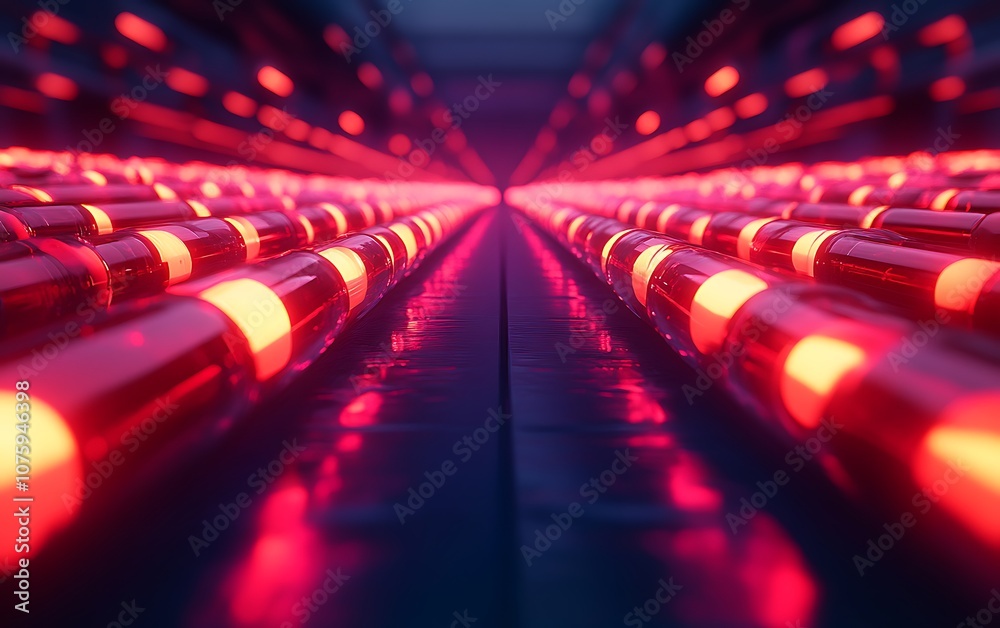 Leinwandbilder A futuristic view of glowing red tubes lined up in a dark corridor, creating an ambient and mesmerizing visual effect.
