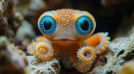 A close-up portrait of a small, cute octopus with large blue eyes and orange skin. It is looking directly at the camera with a curious expression.  