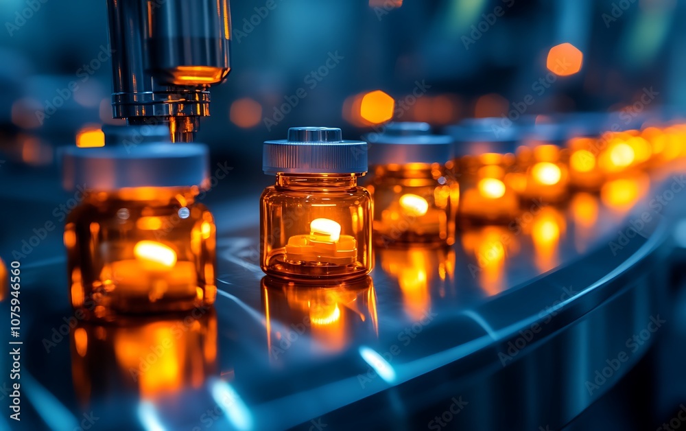 Poster a close-up view of amber glass vials on a production line, illuminated by soft lighting, showcasing 