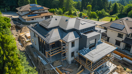  a large, modern farmhouse-style home under construction The house features a clean white exterior with black trim around the windows, creating a classic yet contemporary aesthetic