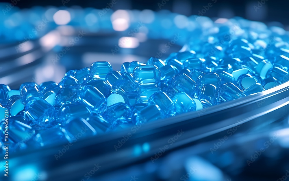 Poster A close-up view of glossy blue capsules arranged in a circular pattern, highlighting their vibrant color and smooth texture against a blurred background.