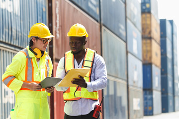 Container yard officers discuss or talk together. Team of engineer portrait.