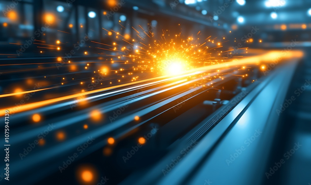 Poster a vibrant, dynamic scene showing light trails and sparks, suggesting motion and energy in an industr