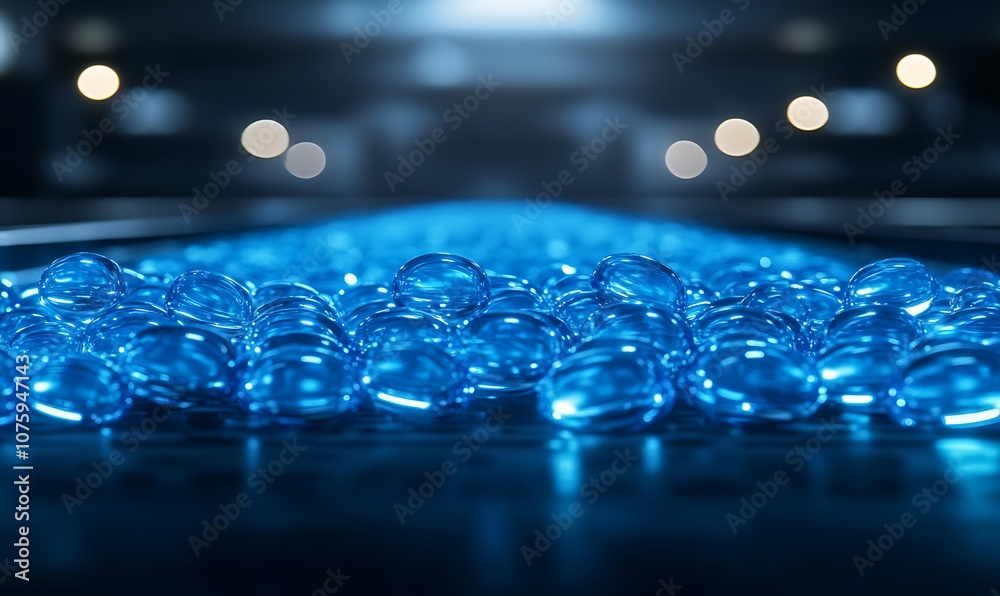 Aufkleber a close-up view of blue gel capsules arranged in a line, illuminated by soft lighting, creating a ca