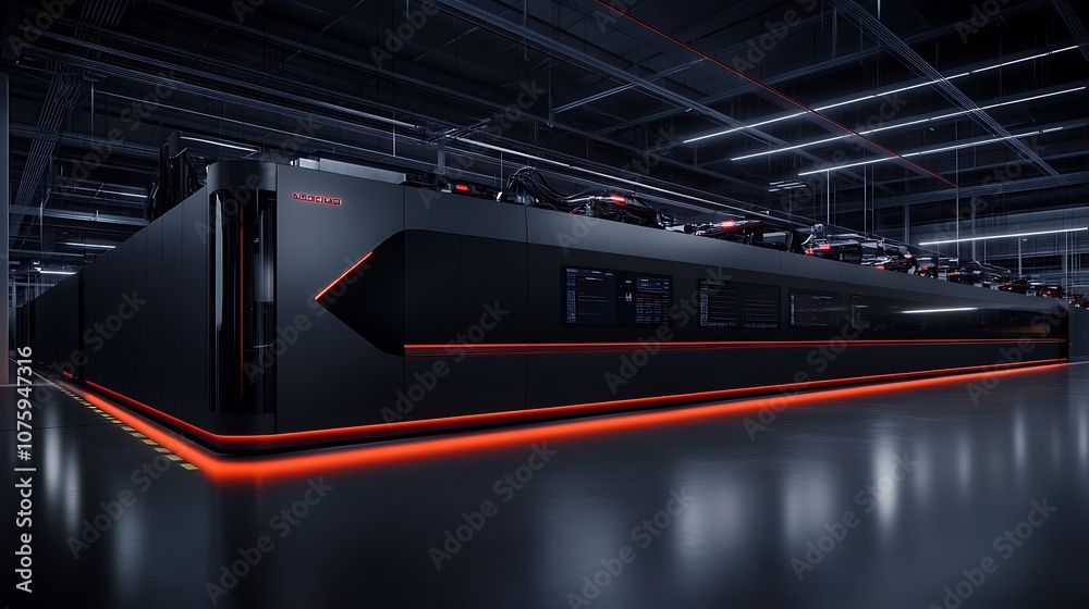 Aufkleber a sleek, modern black server or data center unit with illuminated edges, set in a spacious industria
