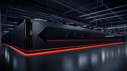 A sleek, modern black server or data center unit with illuminated edges, set in a spacious industrial environment.