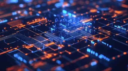 Obraz premium Abstract Digital Circuit Board with Blue and Orange Lights Representing Technology, Innovation, and Data Flow in a Modern Network Environment