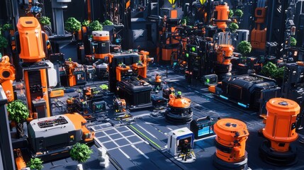 Fototapeta premium Futuristic Industrial Complex with Advanced Technology and Vibrant Orange Accents, Showcasing Innovation in a Sustainable Urban Environment