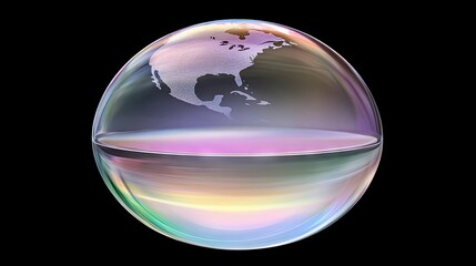 Ethereal Transparent Bubble with Reflective Surface and Subtle Illustrations of North America Floating Against Black Background