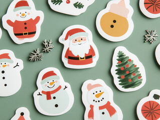 Cute Christmas stickers featuring Santa Claus, snowmen, and Christmas tree create festive atmosphere. Perfect for holiday decorations and crafts