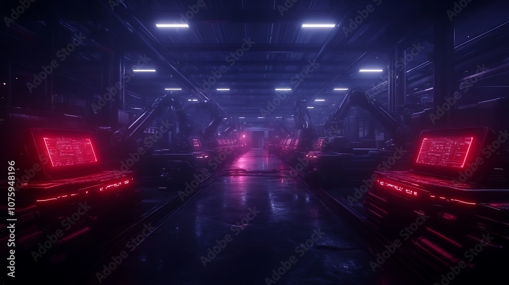 Poster a futuristic, neon-lit industrial scene featuring robotic machinery with glowing red elements in a d