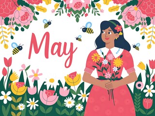 A Woman in a Floral Dress Holding Flowers in a Springtime Setting