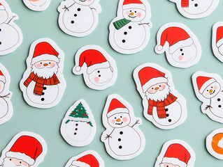Festive array of Christmas themed snowman stickers with hats and scarves. Perfect for holiday decorations and crafts, bringing joy and cheer to season!