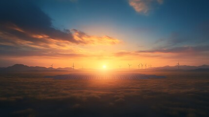 Fototapeta premium A breathtaking sunset casts vibrant colors across the sky, illuminating clouds and distant landscapes, creating a peaceful natural scene.