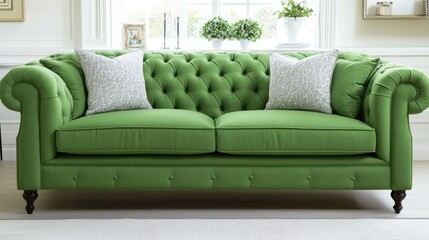 Fototapeta premium Elegant Green Chesterfield Sofa with Tufted Backrest and Decorative Cushions in a Bright, Cozy Living Room Setting Surrounded by Natural Light