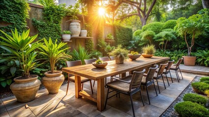 Fototapeta premium Serene Outdoor Dining Space with a Potted Plant on a Wooden Table Surrounded by Stylish Chairs in a Lush Garden Setting for Relaxation and Gatherings